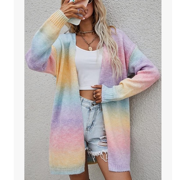 ECOWISH Womens Cardigan Striped Long Sleeve Open Front Casual Knit Sweater - Picture 3 of 7